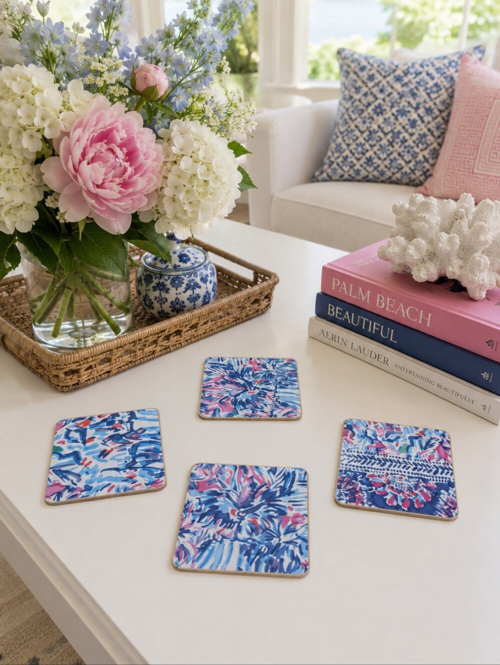 Set Of 4 Handmade Coasters Cottage Preppy Coastal Entertaining Hostess Party